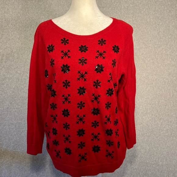 Red Holiday Sweater Womens L Sequins Snowflakes Talbots Wool Blend Lightweight - Picture 1 of 7
